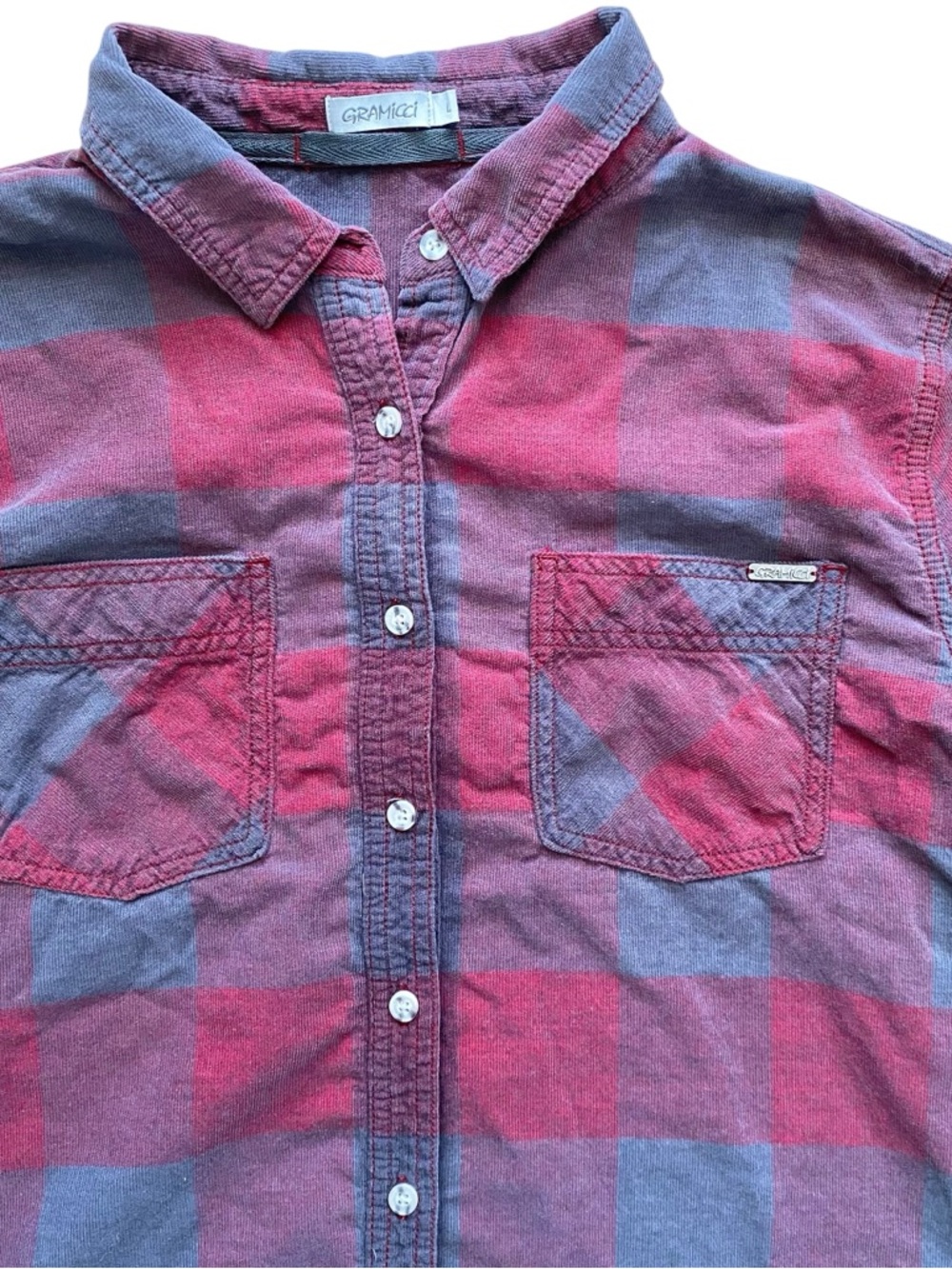 Gramicci Buffalo Check Button Up Shirt Lightweight Red Blue Womens Large L/S